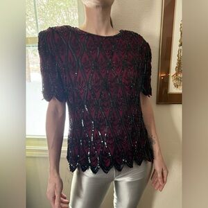 1980s vintage silk sequin beaded top blouse disco glam